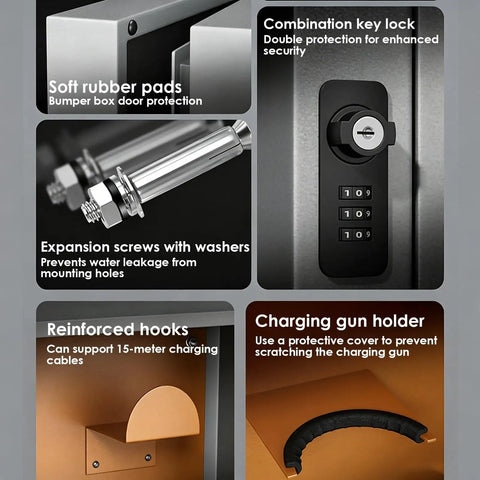 Heavy Duty EV Charger Outdoor Enclosure Wall Mount Lock Box For Level 2 Charging Station features soft rubber pads and a combination key lock.