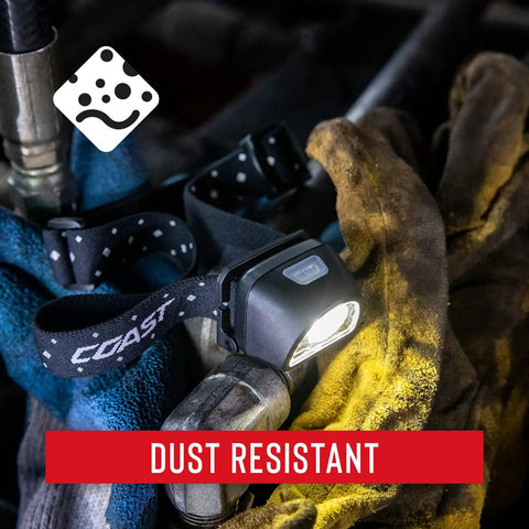 Rechargeable LED Headlamp With Dual Color White And Red Beam, 435 Lumen Output, resting on work gloves showing dust resistance.
