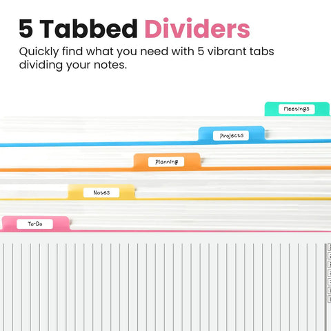 Five Subject Spiral Notebook With Removable Dividers And Tabs, 8.5 By 11 Hardcover Journal, showing colorful tabbed sections