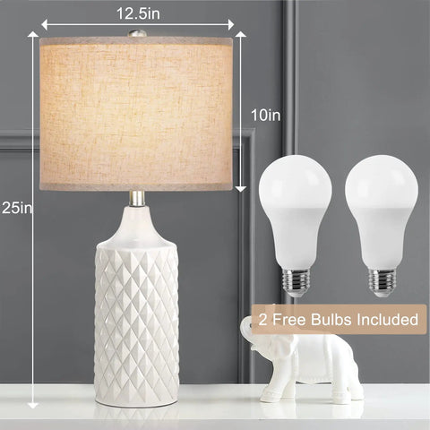 Two Pack 25 Inch White Ceramic Table Lamps For Bedroom And Living Room With 3 Color Temperatures Coastal Farmhouse Nightstand Lamps With Soft Linen Lampshades And Included LED Bulbs