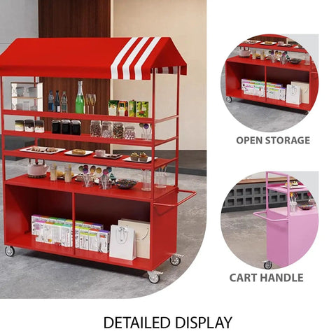 Kickass Rolling Cart With Red Striped Canopy And Wide Iron Top Heavy Duty Portable Vendor Stand On Smooth Casters With Lower Shelf For Street Food Sellers At Outdoor Festivals displaying drinks and snacks in open storage.