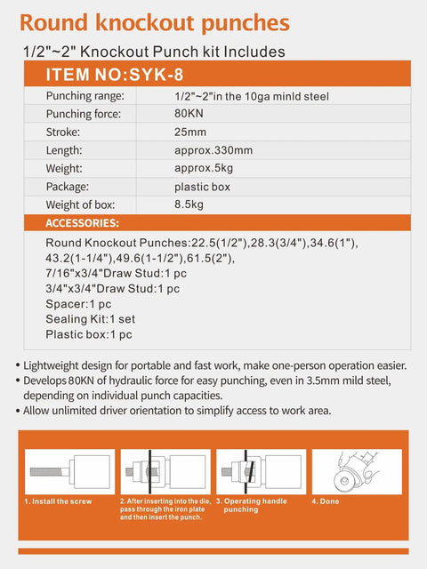 Specification sheet for Heavy Duty 8 Ton Hydraulic Knockout Punch Driver Kit With One Half Inch To Two Inch Dies Electrical Conduit.