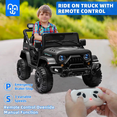 Child driving Awesome 12V Kids Electric Ride On Truck With Remote Control Dual 35W Motors 3.5 MPH Top Speed Bluetooth