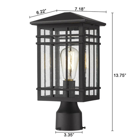 Outdoor Post Light Fixture With Seeded Glass In Black Finish Exterior Pillar Lantern For Patio Pathway And Driveway Lighting Durable Weatherproof Porch Post Lighting For Gardens Walkways And Curb Appeal with dimensions shown.