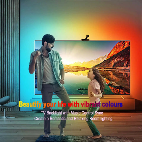 Father and daughter enjoying Vivid RGB IC LED Strip Lights With App And Remote Control USB Powered TV backlight