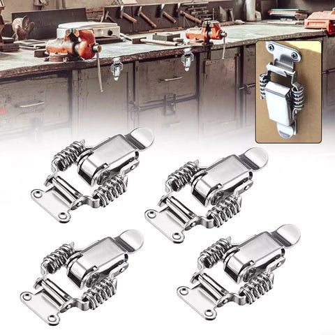 Beefy Stainless Steel Double Spring Draw Latch for toolboxes, suitcases, and cabinets in workshop setting