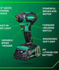 All-In-One 18V MultiVolt Cordless Drill, Impact Driver, Reciprocating Saw, And Torchlight 4-Piece Combo Kit With Two 18V 2.0Ah Batteries And Lifetime Tool Warranty showcasing impact driver features.