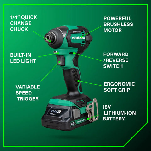 All-In-One 18V MultiVolt Cordless Drill, Impact Driver, Reciprocating Saw, And Torchlight 4-Piece Combo Kit With Two 18V 2.0Ah Batteries And Lifetime Tool Warranty showcasing impact driver features.