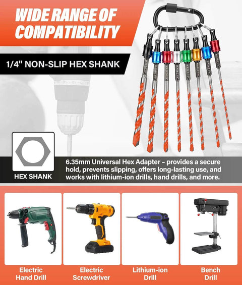 17-piece carbide hex-shank masonry drill bit set with holder for concrete, brick, tile, glass, plastic