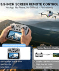 Hands holding a GPS Drone With 4K Camera And 5.5 Inch Touchscreen Remote No Phone Needed, displaying mountains on screen.