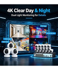 16CH 4K PoE NVR Security Dome Camera System 8Mp Full Color Night Vision Waterproof Surveillance Kit showcasing four cameras and NVR.