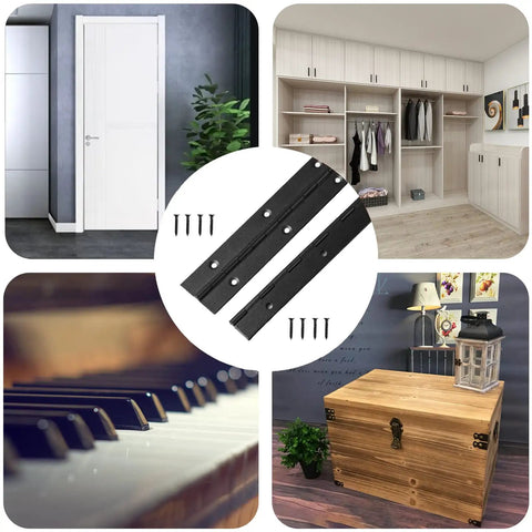 Rock Solid 18 Inch Black Piano Hinges 4 Pack 304 Stainless Steel Heavy Continuous Hardware for Folding Cabinets and Rust Proof Outdoor Projects Totally Built Different, shown with mounting screws and installation settings.