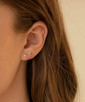 Hypoallergenic Flat Back Earrings For Women 14K Gold Plated Mini Stud Set Of 3 Pairs Featuring Star Moon Sun Shapes Flat Back Cartilage Helix Piercing Jewelry Includes 4mm And 5mm Sizes For Daily Mix And Match. moon stud in upper ear with star and sun flat back studs