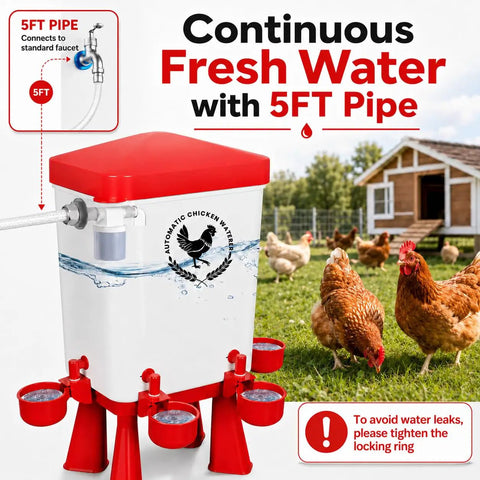 Super Easy Setup 3 Gallon Automatic Chicken Waterer With 10 Spill Proof Cup Stations And Sturdy Stand Legs For Hens Ducks And Poultry Coops This Game Changer Keeps Hydration Locked With Auto Refill In Bold Red Finish, featuring 5FT pipe connection.