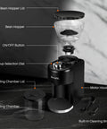 Heavy Duty Electric Conical Burr Coffee Grinder With 35 Dial In Settings And A Spacious Bean Hopper, showing components and features.