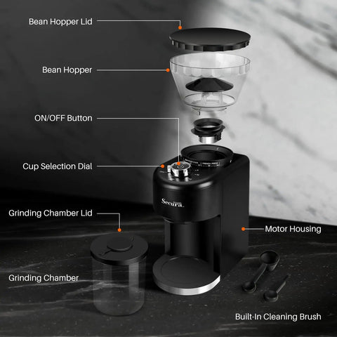 Heavy Duty Electric Conical Burr Coffee Grinder With 35 Dial In Settings And A Spacious Bean Hopper, showing components and features.