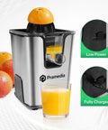 Pramedia Cordless Electric Citrus Juicer 60W Stainless Steel USB-C Rechargeable Orange Squeezer with fresh juice and oranges.