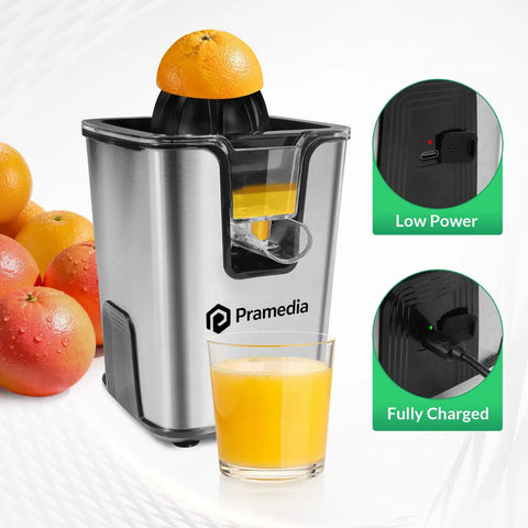 Pramedia Cordless Electric Citrus Juicer 60W Stainless Steel USB-C Rechargeable Orange Squeezer with fresh juice and oranges.