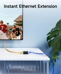 UL Listed 5 Pack Cat6 RJ45 Female To Female Couplers connecting blue and yellow Ethernet cables on a desk for network extension