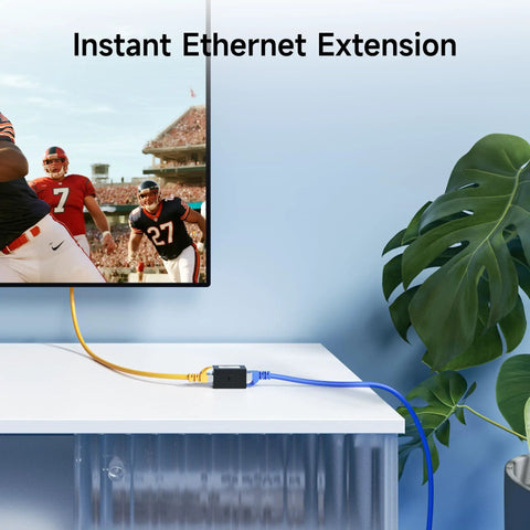 UL Listed 5 Pack Cat6 RJ45 Female To Female Couplers connecting blue and yellow Ethernet cables on a desk for network extension