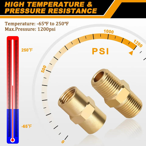 Brass Pipe Fittings Set Twelve Pieces Hex Nipple And Coupling NPT One Eighth Inch Male And Female Threads For Plumbing DIY Friendly Easy Install Durable Seal Quick Connect Hardware Kit, brass fittings with 1200 psi and -65°F to 250°F rating