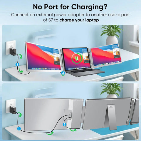 Triple Screen Laptop Extender For 12 To 16.2 Inch Laptops set up with USB-C and HDMI connections, front and rear view with charging.