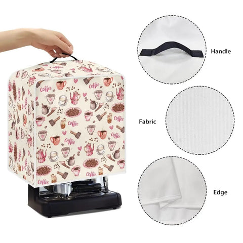 Stain and dust resistant coffee maker cover for home, office, or coffee shop over a machine, showing handle, fabric, edge details.