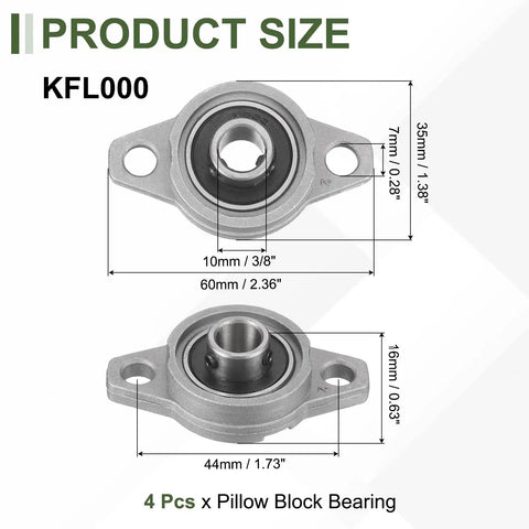 Four Pack Pillow Block Bearings 10mm Bore Self Aligning Mounted Flange Bearing Zinc Alloy Steel ABEC5 Rating Heavy Duty Load Capacity Corrosion Resistant Built For Precision Machinery Parts, KFL000 size diagram