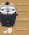 6-Cup Electric Rice Cooker With Stainless Steel Inner Pot, glass lid, black, showing measuring cup and spatula, keeps warm