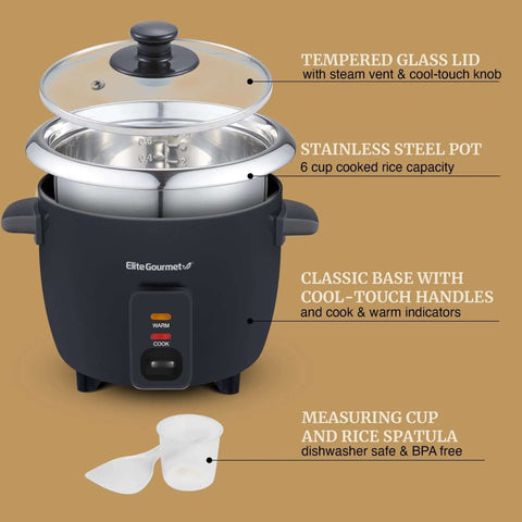 6-Cup Electric Rice Cooker With Stainless Steel Inner Pot, glass lid, black, showing measuring cup and spatula, keeps warm