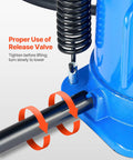 Blue VEVOR air hydraulic bottle jack; close-up of release valve area with a coiled spring