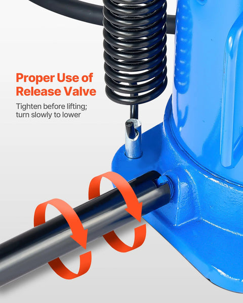 Blue VEVOR air hydraulic bottle jack; close-up of release valve area with a coiled spring