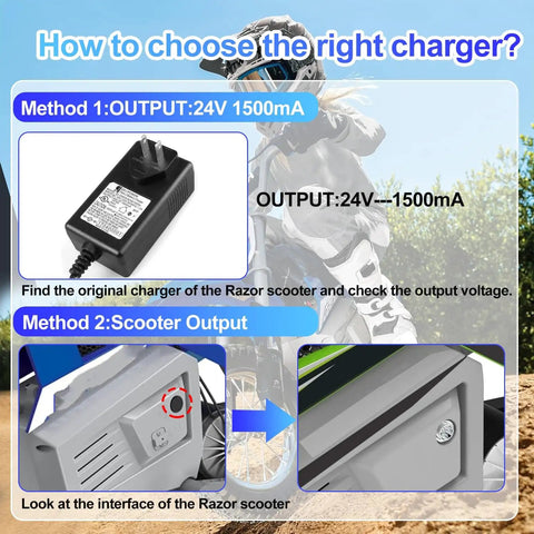 24V Replacement Charger Cable, 6.6Ft Long, showing charger and Razor scooter connection methods