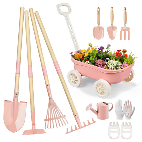 Kids Garden Set With Wheelbarrow And 11 Piece Outdoor Tool Kit For Backyard Beach And STEM Play Kid Sized Shovels Rake Hoe