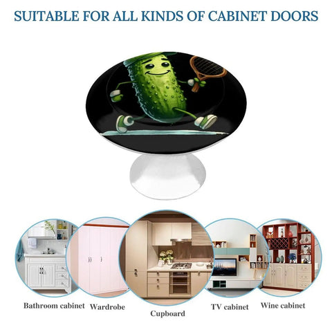 Funny Pickle Cucumber Tennis Themed Cabinet Knobs Set Of 2 Pull Handles with animated pickle and tennis racket design