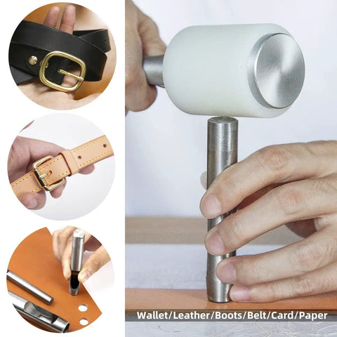 Using the 7 Piece Hollow Punch Set with round holes from 0.5mm to 5mm for leather craft watch bands and more, showing belt and tools