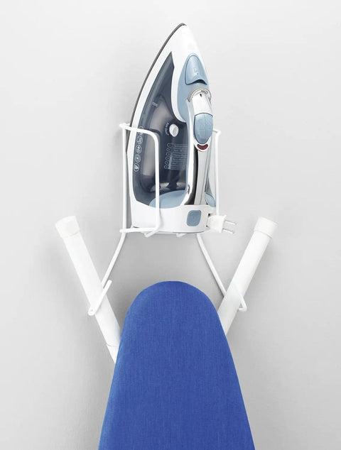 Wire Over The Door Ironing Caddy For Iron And Ironing Board Storage Organizer White with iron and board mounted behind door