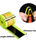 Fat Bike Tire Liners Self Adhesive And Tough As Nails 54mm Pack Of 2 With width, thickness, length details and hands holding a liner.