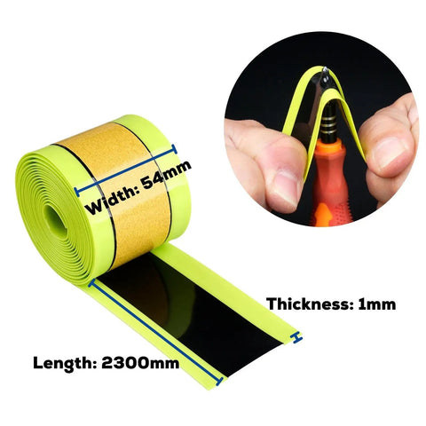 Fat Bike Tire Liners Self Adhesive And Tough As Nails 54mm Pack Of 2 With width, thickness, length details and hands holding a liner.