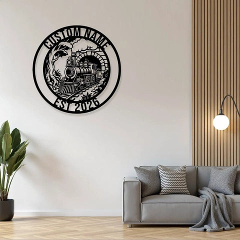 Custom Train Name Metal Wall Art With EST Year Vintage Steam Locomotive Sign on living room wall above sofa