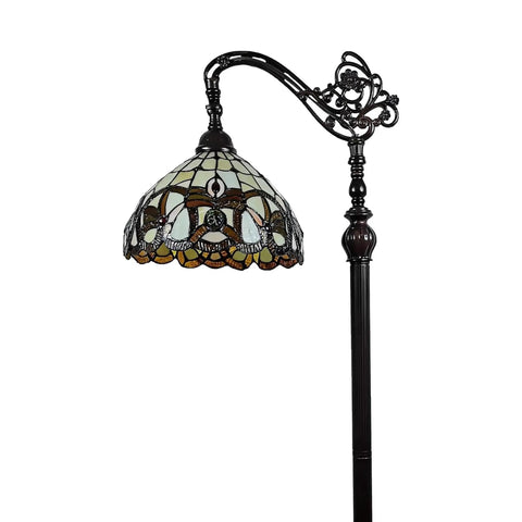 Arched Tiffany Style Floor Lamp With Stained Glass Shade In Tan Yellow Brown Antique Vintage Look for Bedroom and Living Room