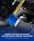 Orion Motor Tech turbo leak tester kit with blue cap and brass adapters for turbo system testing, close-up