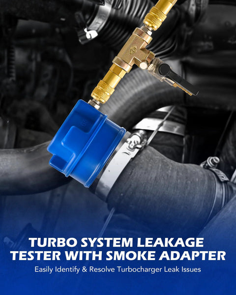 Orion Motor Tech turbo leak tester kit with blue cap and brass adapters for turbo system testing, close-up