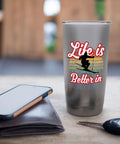 Stainless Steel Insulated Tumbler With Ski Town Souvenir Theme, Life Is Better On The Slopes, Durable Double Walled Travel Mug For Skiers And Snowboarders, Totally Sick Gift For Winter Vacations, Ski Trips, Or Family Ski Adventures on desk