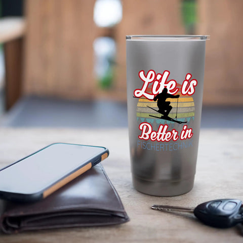 Stainless Steel Insulated Tumbler With Ski Town Souvenir Theme, Life Is Better On The Slopes, Durable Double Walled Travel Mug For Skiers And Snowboarders, Totally Sick Gift For Winter Vacations, Ski Trips, Or Family Ski Adventures on desk