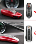 Porsche Key Fob Button Cover For Cayenne And Macan, Soft Silicone Case, durable keyless entry shield showing installed cover comparison.