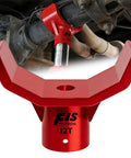 Bottle jack adapter, red steel lifting saddle with central hole for 12T jacks.