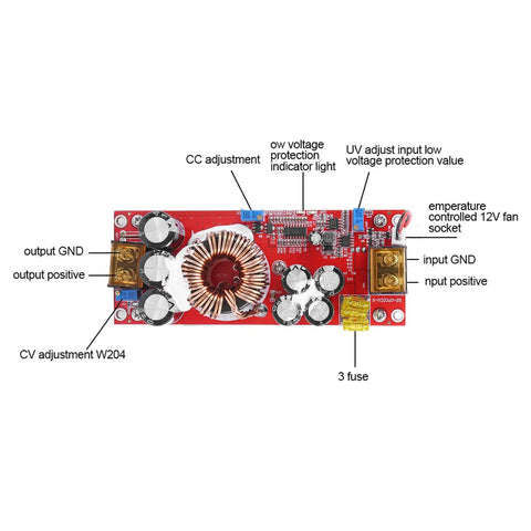 1500W Boost Converter Step Up Module DC To DC Adjustable Voltage Regulator 10V To 97V Output wiring diagram showing components and adjustments.