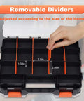Orange 34 Compartments Double Sided Small Parts Organizer With Removable Dividers And Clear Lid Tackle Box shown with open lid.