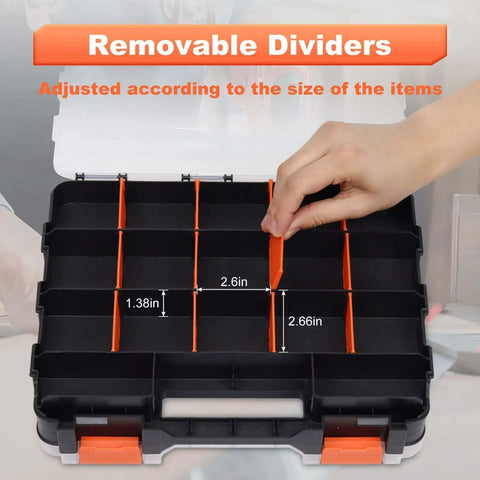 Orange 34 Compartments Double Sided Small Parts Organizer With Removable Dividers And Clear Lid Tackle Box shown with open lid.